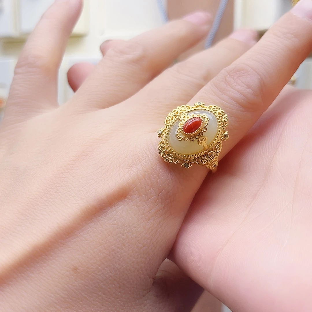 和田玉银S925镀金镶嵌戒指