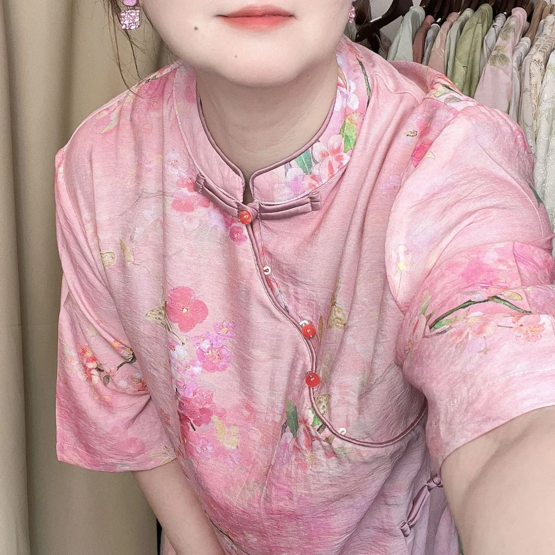 桃花朵朵开 中式连衣裙中国风高档大码斜襟改良旗袍中长裙子088