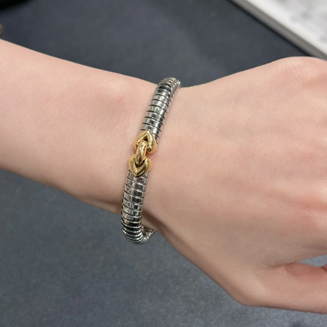 95新 BVLGARI/宝格丽 Tubogas18K金+钢爱心手镯-51366619