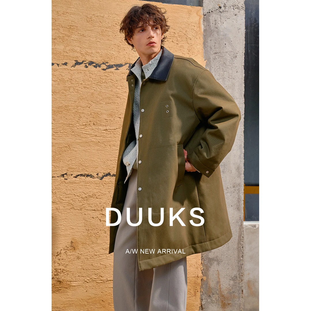 DUUKS巴恩风拼接pu皮领羽绒服男加厚2025新款冬季保暖中长款外套