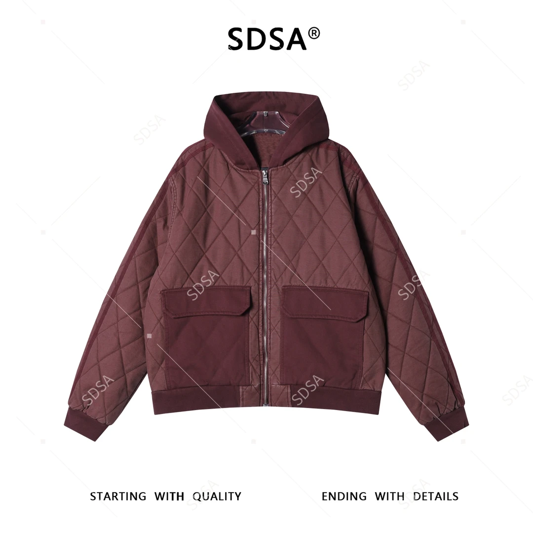 SDSA秋冬新款痞帅男装韩版菱形格子连帽夹克外套拼接设计百搭复古