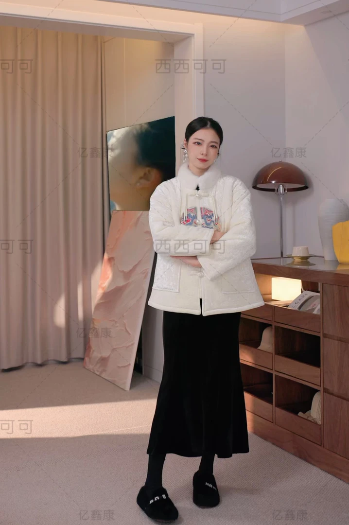 清货新中式仿水貂立领时尚外穿家居服冬季女三层加绒加厚套装