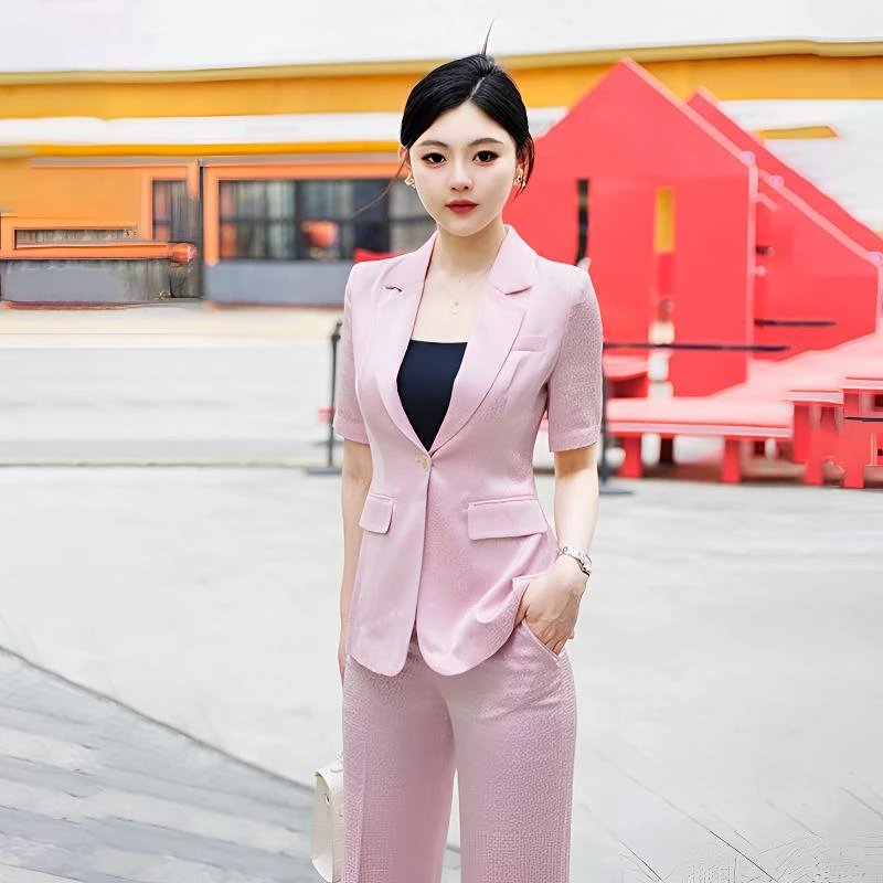 粉色小西装套装女时尚洋气时髦高端职业装气质女神范西服两件套夏