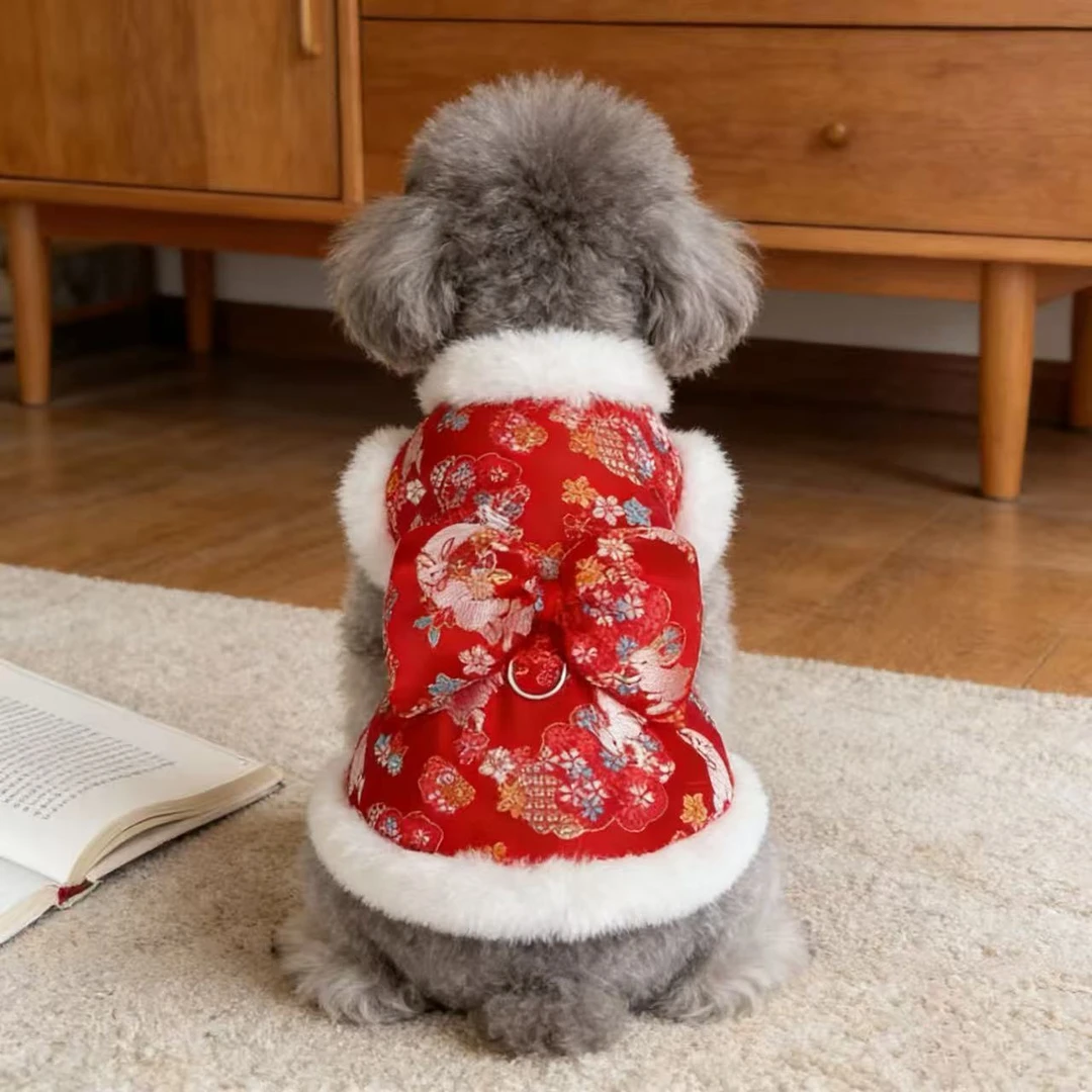 宠物衣服秋冬新款加绒新年唐装裙子泰迪比熊狗狗猫咪牵引过年外套