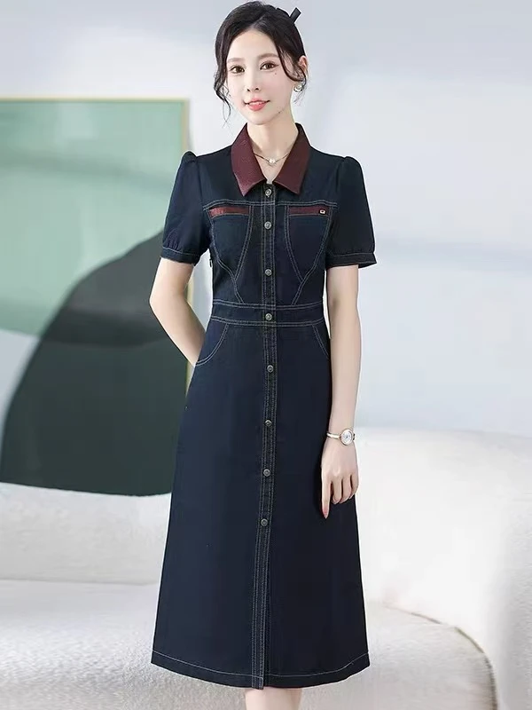 X590  夏季新款时尚简约大方翻领设计感牛仔连衣裙