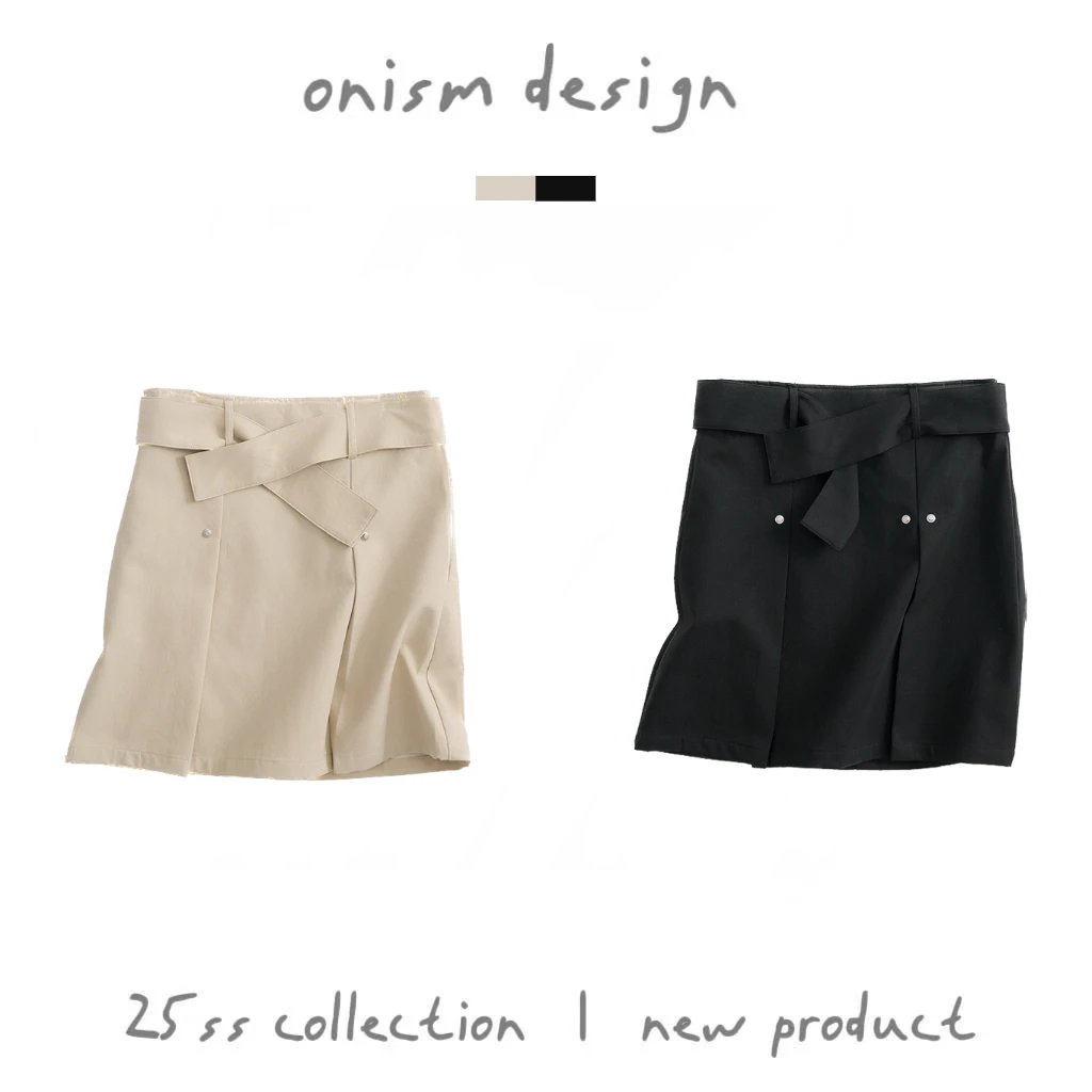 都市fit”小众设计感铆钉打褶宽腰带半身裙可叠穿工装显瘦短裙