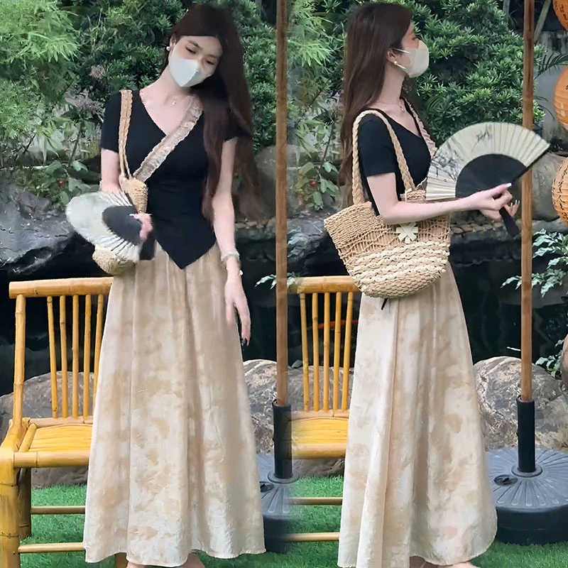 2025新中式国风时尚套装女V领花边拼接上衣高腰扎染半身裙两件套