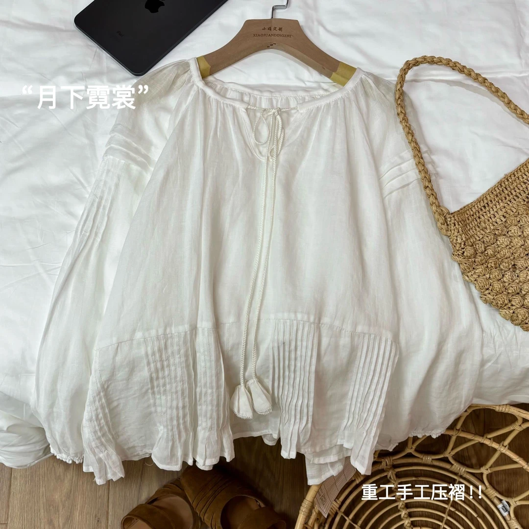 J2503【月下霓裳】法式小香风褶皱衬衫女设计感小众样衣系带上衣