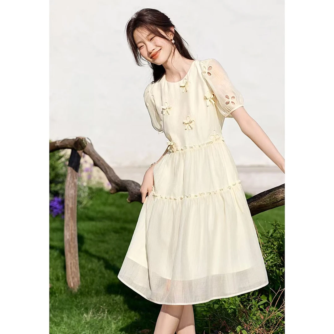 （断码清）夏装温柔风少淑版收腰显瘦气质订珠蝴蝶结连衣裙24129款