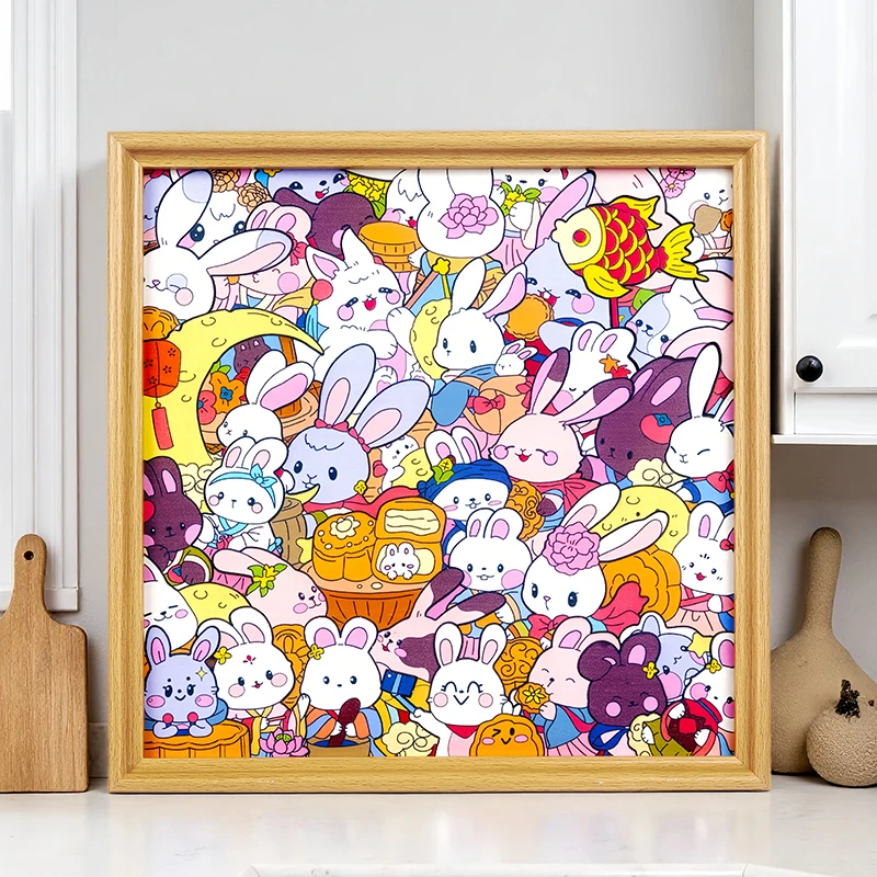 小兔子木制diy拼图生日礼物手绘相框摆件马克笔卡通氛围中秋限定