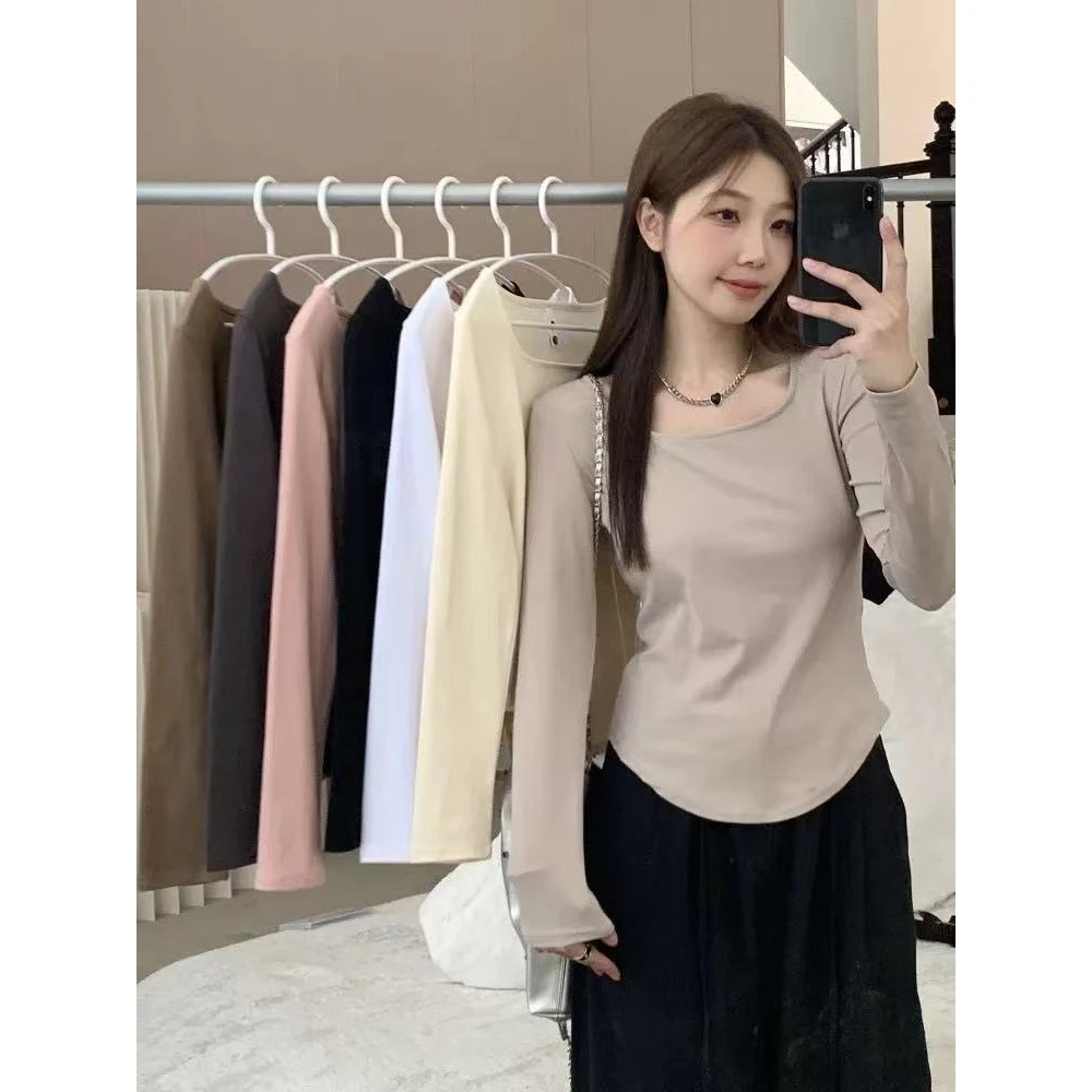 【晶晶】大码胖MM长袖T恤女春季2025新款纯欲风方领修身打底上衣
