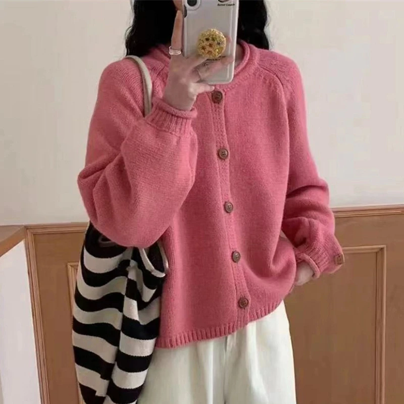 【600克高克重】卷边设计感宽松圆领毛衣外套女新款慵懒风针织开衫