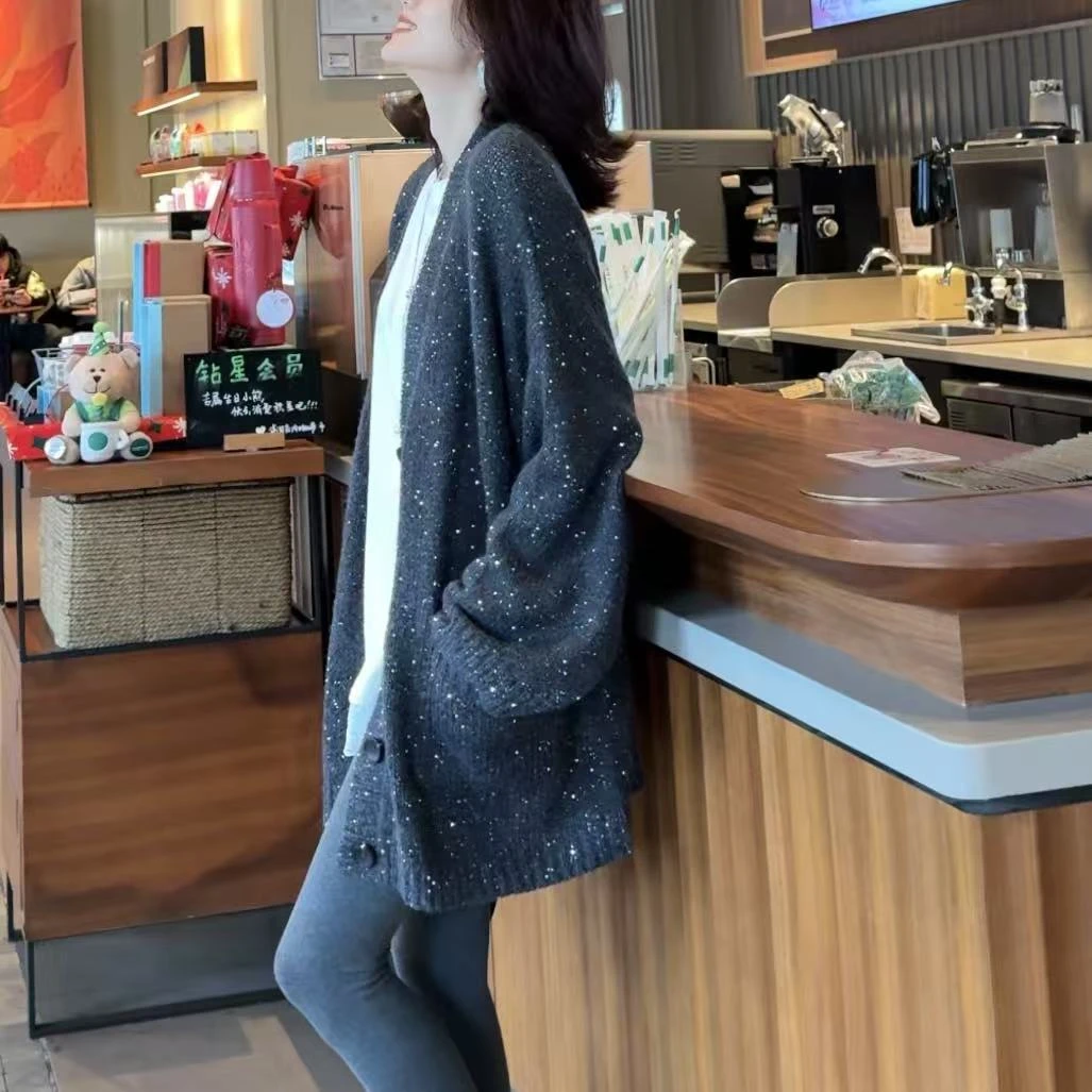 春季高品质氛围感宽松慵懒风亮片针织开衫M901