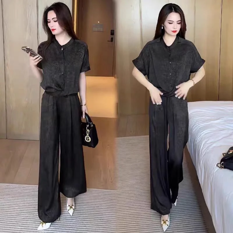 冰丝时尚套装女2025夏季薄款垂坠感遮肉显宽松瘦短袖阔腿裤两件套