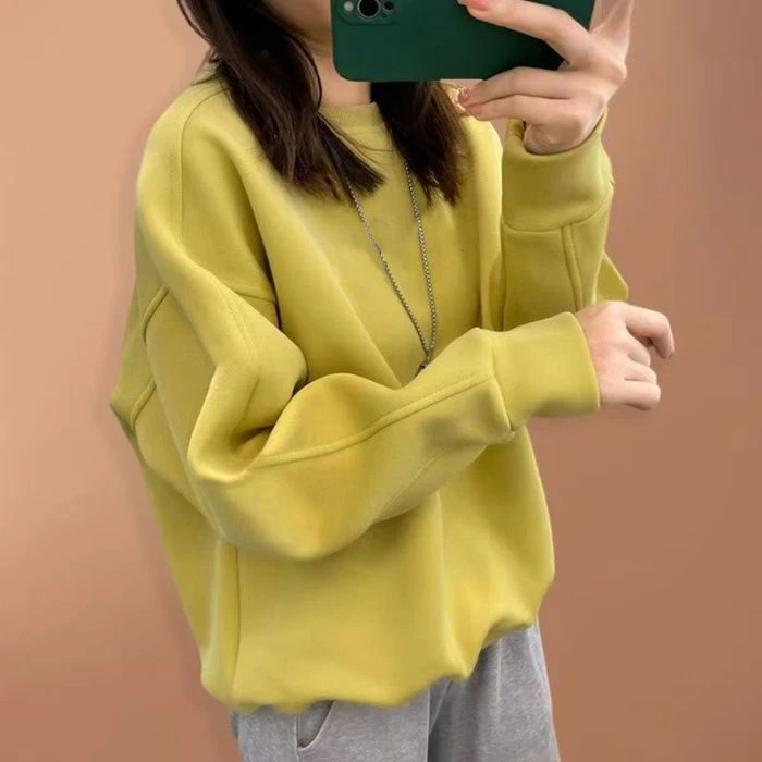 2024新款韩版秋冬鹅黄色加绒加厚宽松纯色卫衣女时尚圆领洋气上衣