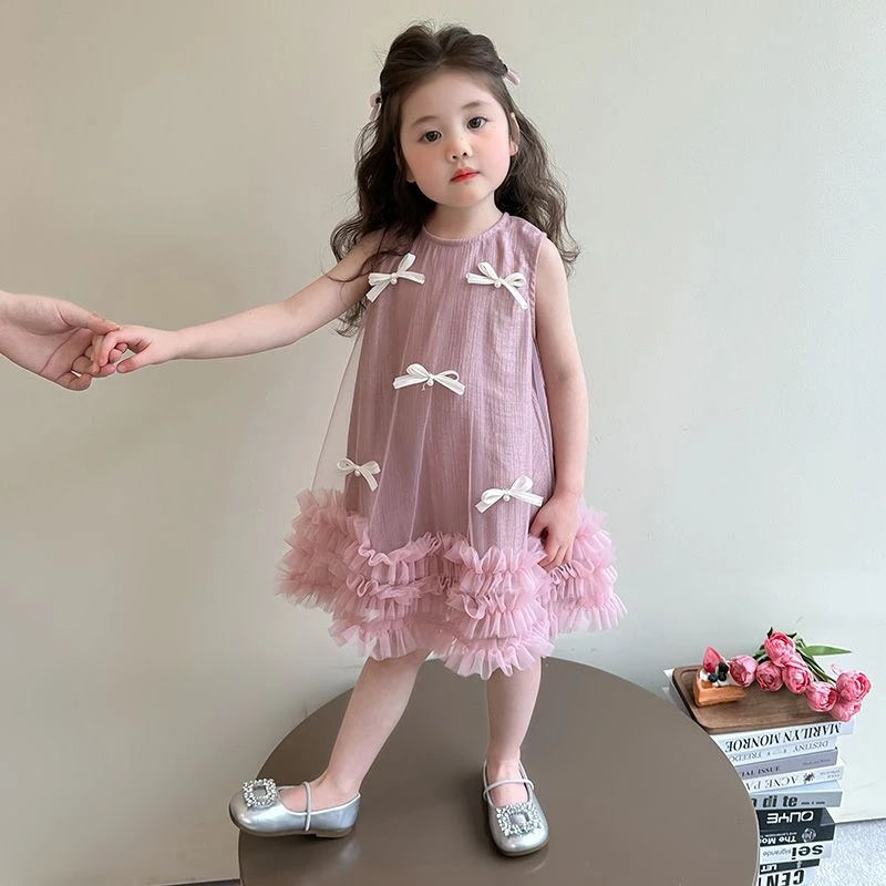 女童连衣裙夏季2025新款洋气儿童蝴蝶结网纱公主裙女宝宝背心裙潮