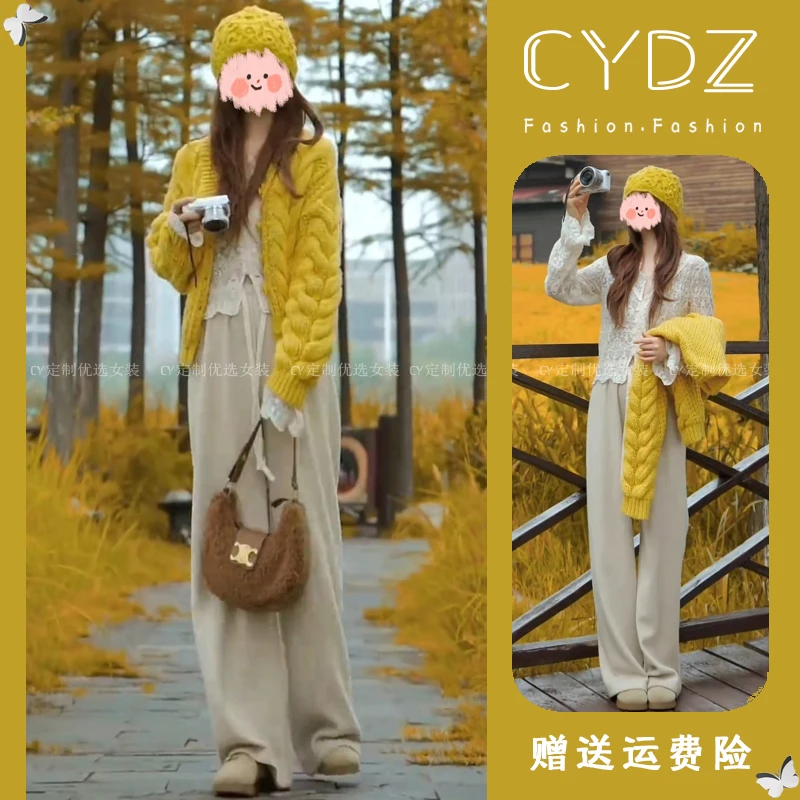 V领单排扣针织衫+镂空拼接款V领蕾丝上衣+松紧阔腿高腰宽松休闲裤