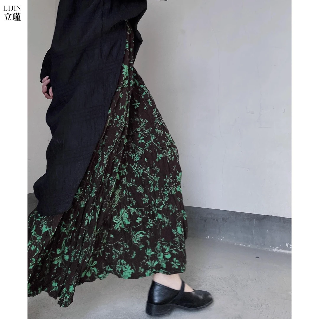 氛围感森系复古小碎花褶皱半身裙女2025春夏新款法式小众a字半裙