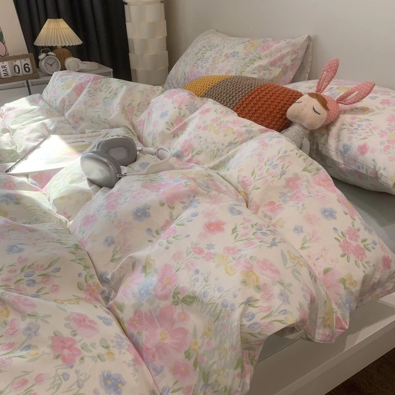 水星家纺适用春夏美式文艺田园小碎花治愈风全棉四件套纯棉被套床