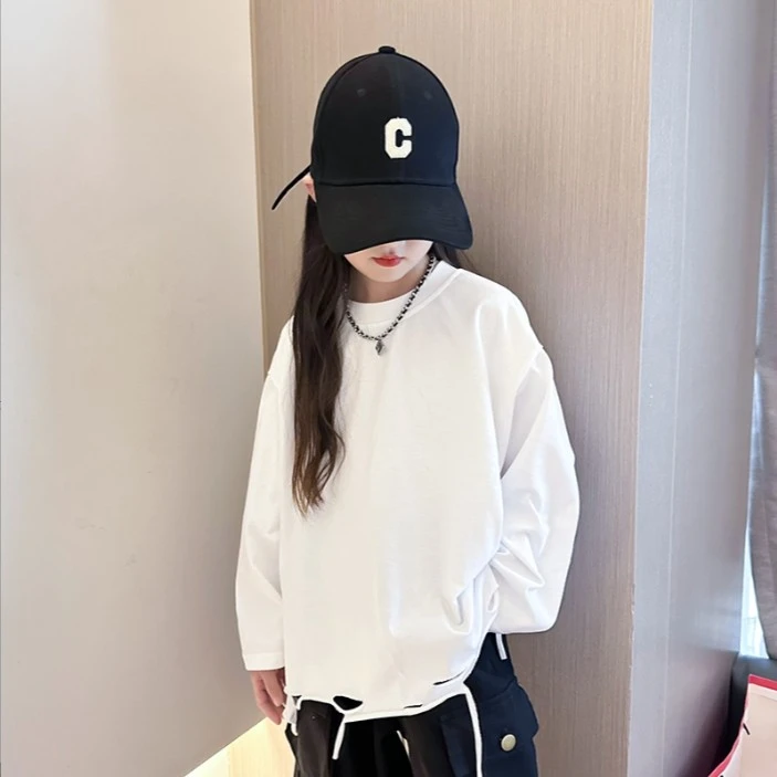 女童白色长袖t恤2025春秋儿童百搭打底衫女孩休闲宽松上衣洋气潮