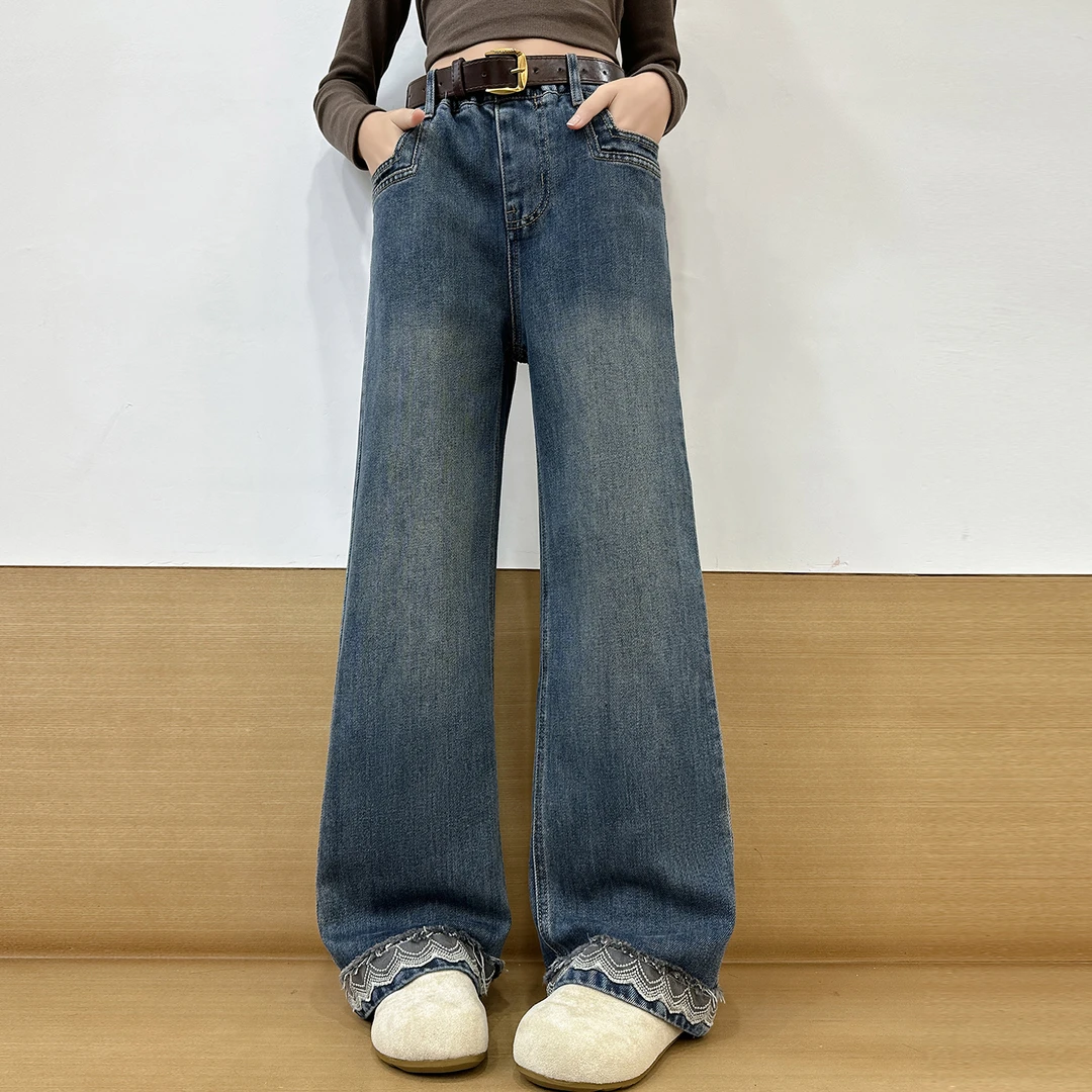 秋季女童牛仔直筒裤洋气显瘦裤子6-12岁儿童窄版春秋大童阔腿裤潮