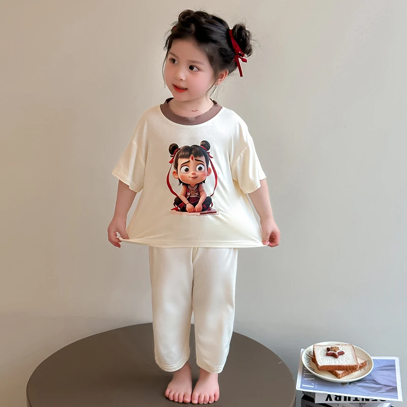 莫代尔睡衣儿童哪吒春夏宝宝莫代尔居家薄款半袖卡通宝宝睡衣夏季