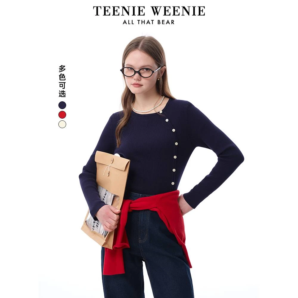 *TeenieWeenie小熊毛衣开衫25新年红质感斜开领针织衫TTKW256313N