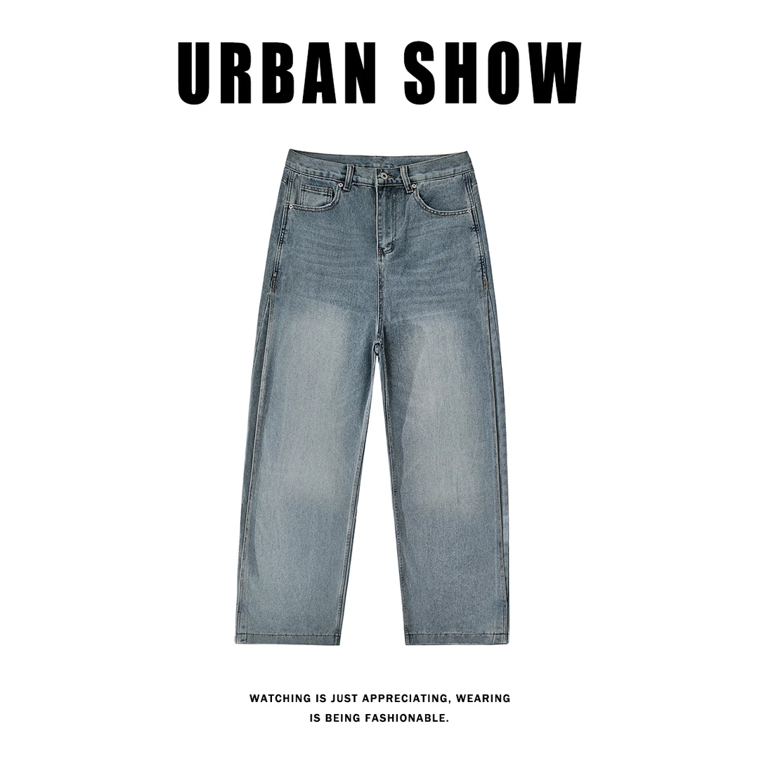 夏季新款男士休闲牛仔裤美式高街水洗磨白宽松版牛仔阔腿裤LZP835