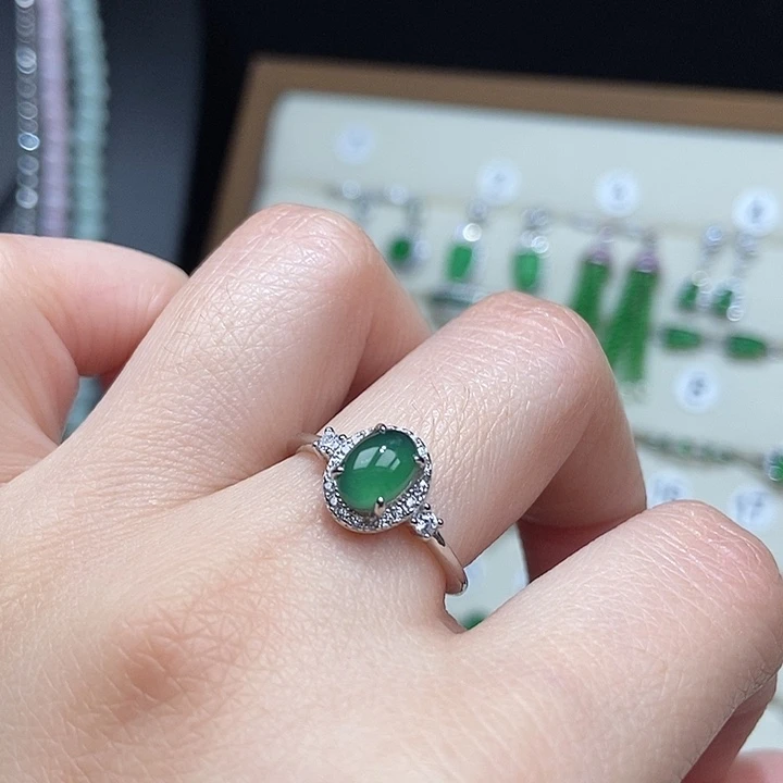 翡翠银S925镶嵌戒指天然