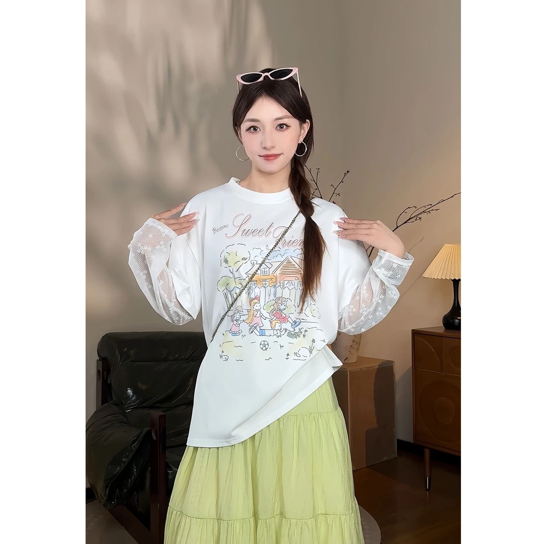 ~韩系甜美印花宽松显瘦短袖T恤2025夏季设计感蕾丝拼接上衣