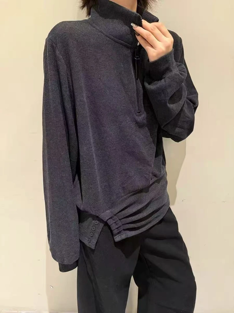 7359韩版半拉链立领不规则下摆套头卫衣冬季新款女设计感休闲上衣