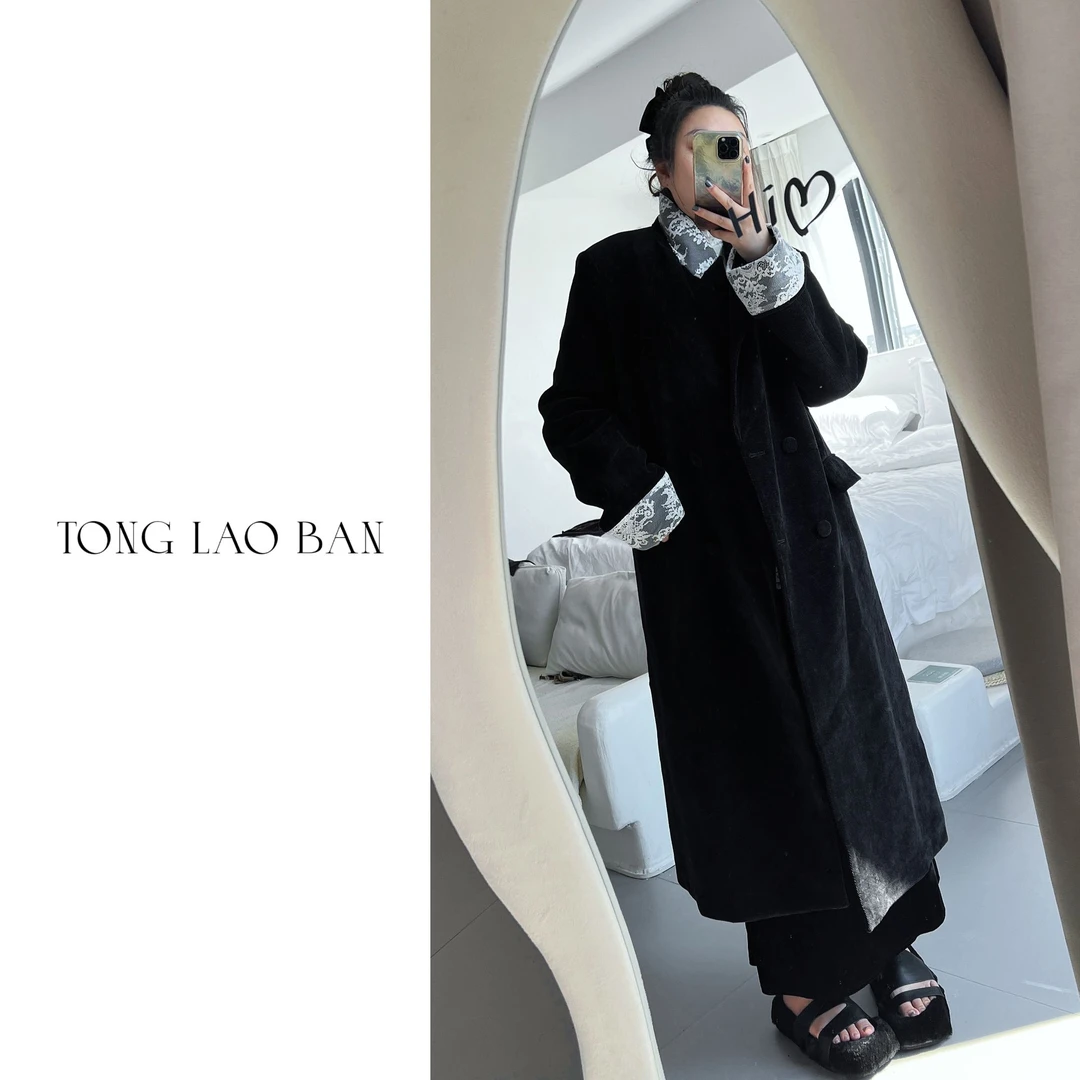 TONG 大码微胖 高定重工蕾丝拼接夹棉大衣