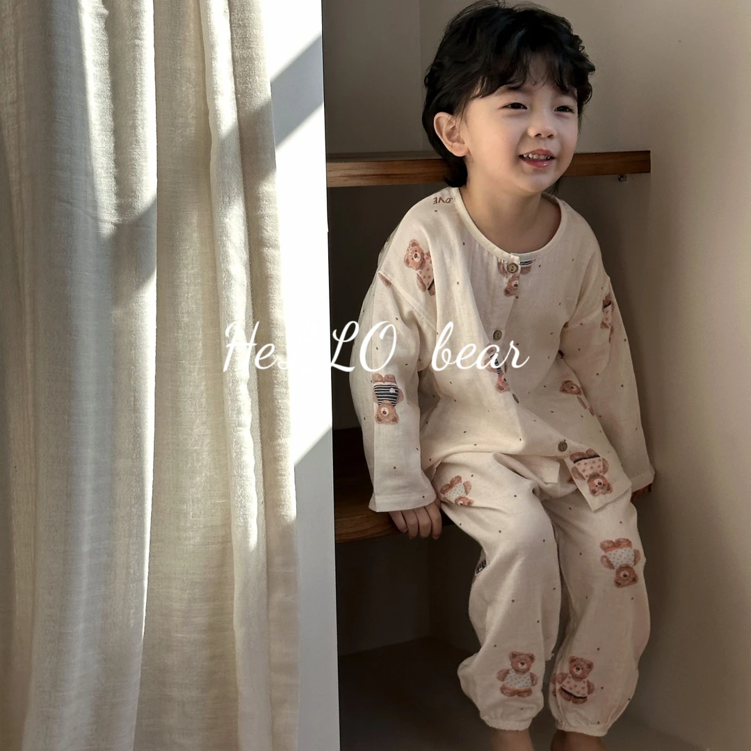 透气魔方亲子精梳棉高密平纹纯棉纱布家居服套装宝宝儿童宽松睡衣