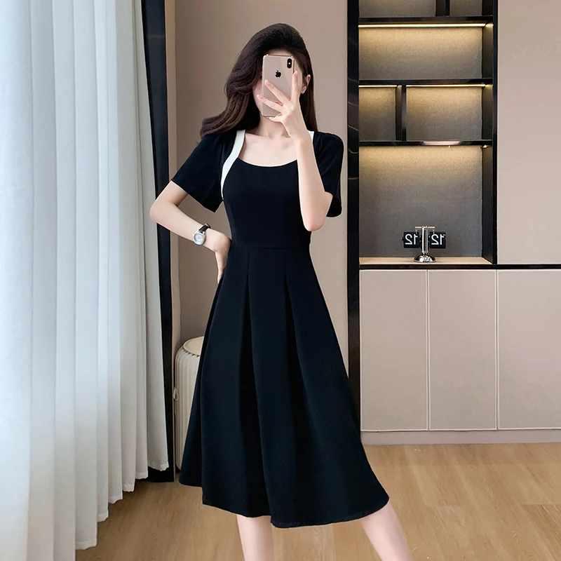 微胖大码法式收腰连衣裙2025新款夏季雪纺拼接薄款赫本风中长裙