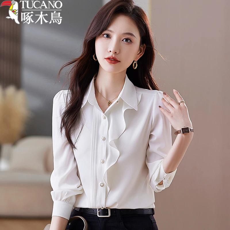 TUCANO/啄木鳥荷叶边绸缎面衬衫女春秋新款长袖气质洋气衬衣百搭