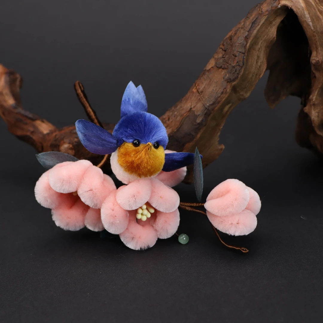 非遗绒花胖绒粉色小鸟梅花发夹可爱仙女