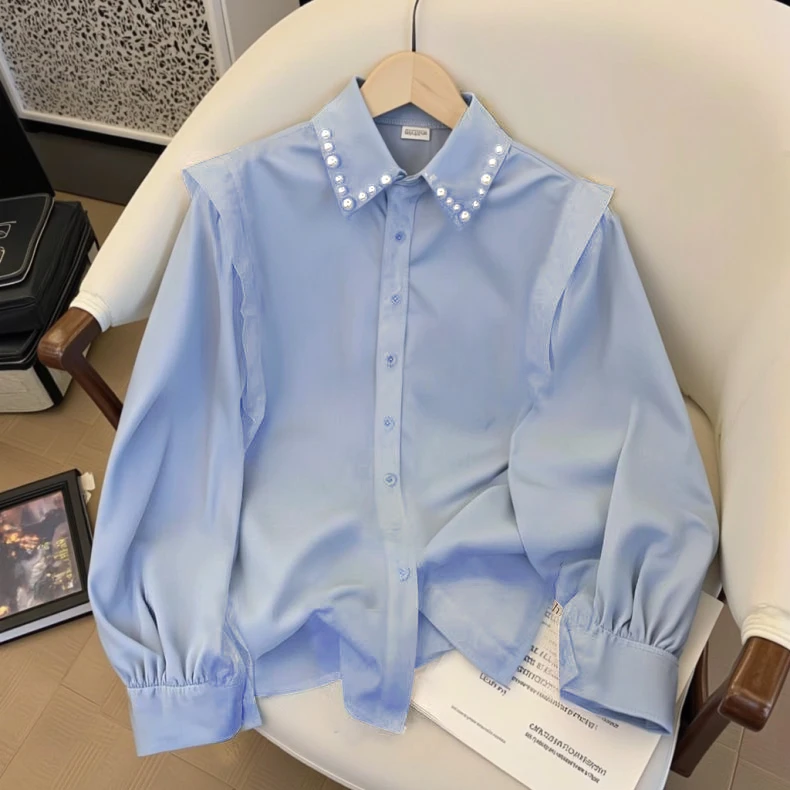 白色POLO翻领长袖衬衫女春秋款设计感小众宽松上衣气质钉珠衬衣