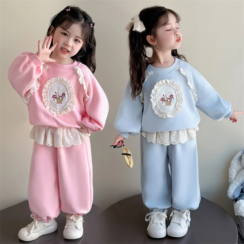 女童花边绣花套装小女孩春秋款洋气女宝宝卫衣卫裤两件套儿童时髦