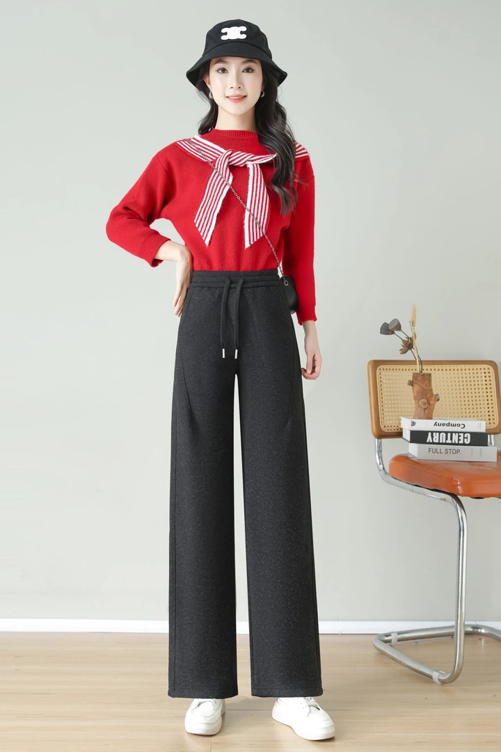 2025冬季新款加绒加厚羊毛蚕丝老钱风弯刀窄版直筒裤