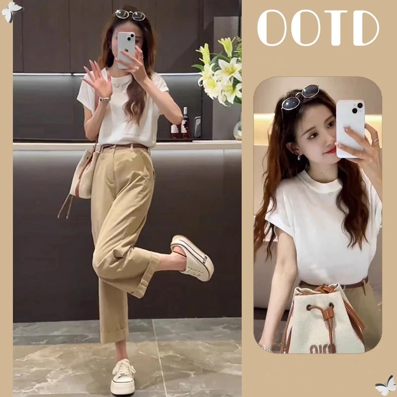 时尚套装2025夏季新款气质百搭纯色圆领短袖修身显瘦休闲裤两件套