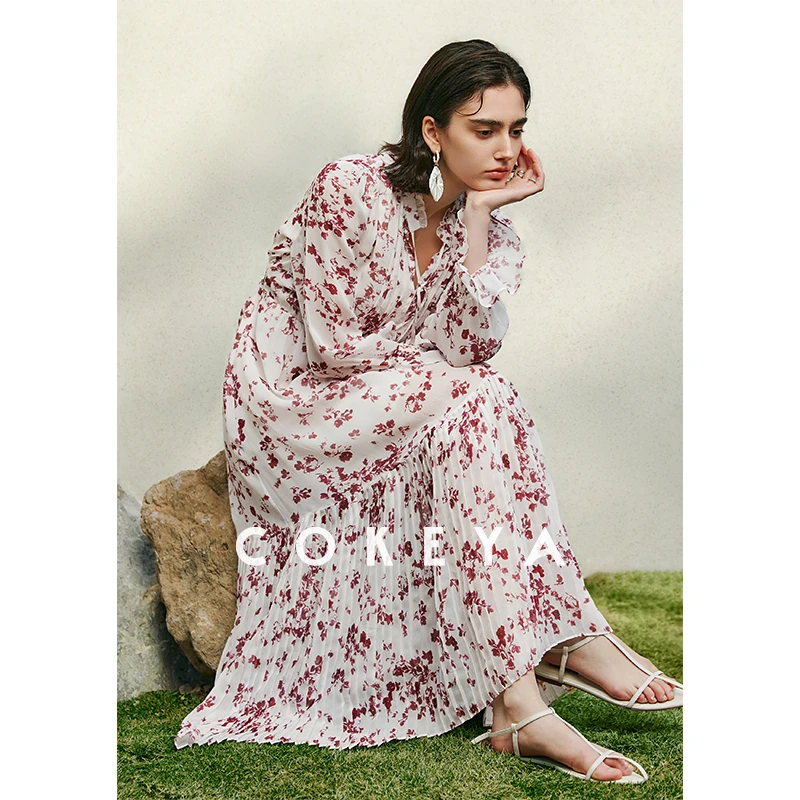 COKEYA/花开半夏~浪漫水墨玫瑰印花冷压百褶度假风收腰长款连衣裙
