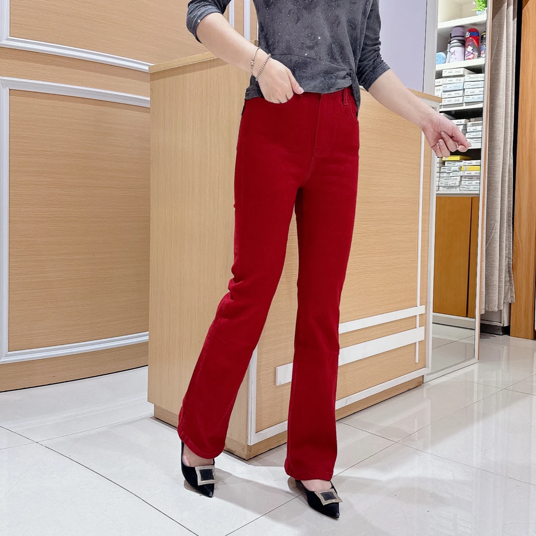 南韩红色喇叭裤5-18087女秋冬高档显瘦弹力牛仔长裤/长度1米