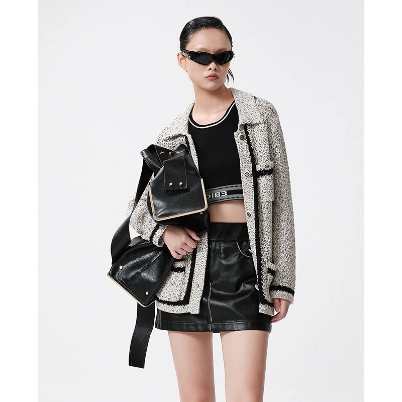 D63女装25春季时尚通勤针织开衫系扣小香风镂空翻领外套5F1M43146