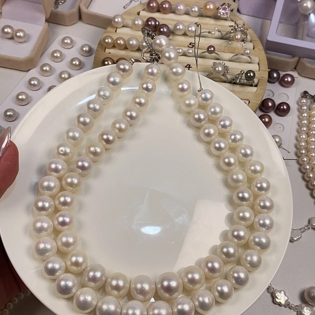 白珍珠项链12-15m淡水珍珠银S925镶嵌