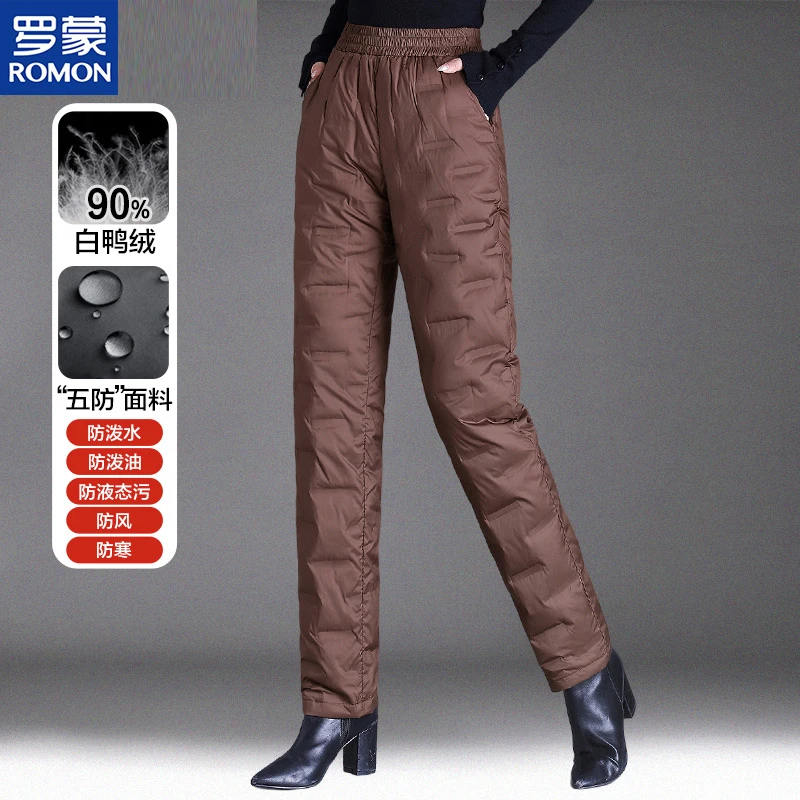 罗蒙中年妈妈羽绒裤女秋冬季外穿松紧高腰中老年加厚直筒棉裤保暖
