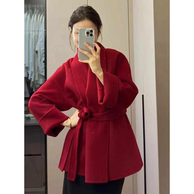 红色喜庆短款双面呢子大衣女2025冬季新款高端小个子毛呢外套
