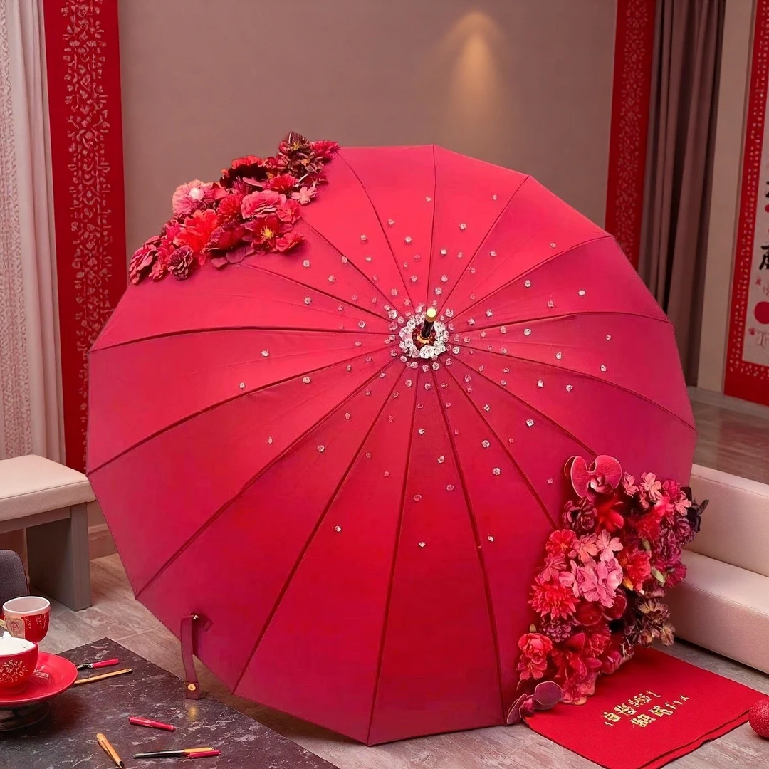 红伞婚伞diy新娘手持道具新娘婚伞结婚红色雨伞饰品红色雨伞
