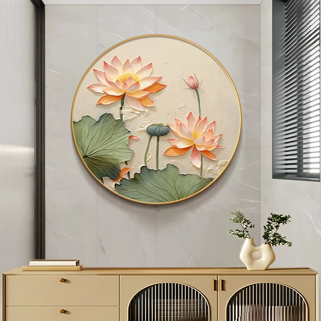 荷花挂画圆形玄关画2025新款花开富贵挂画事事如意中式入户过道画