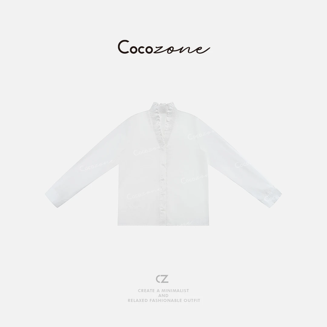 COCO ZONE 刘一一“絮语”100棉春季设计木耳边V领长袖衬衫CD1A0052