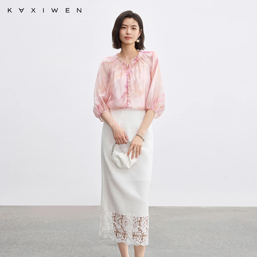 佧茜文柔雾粉晕染度假小衫【夏新】时尚木耳花边系带上衣D05DXW6154